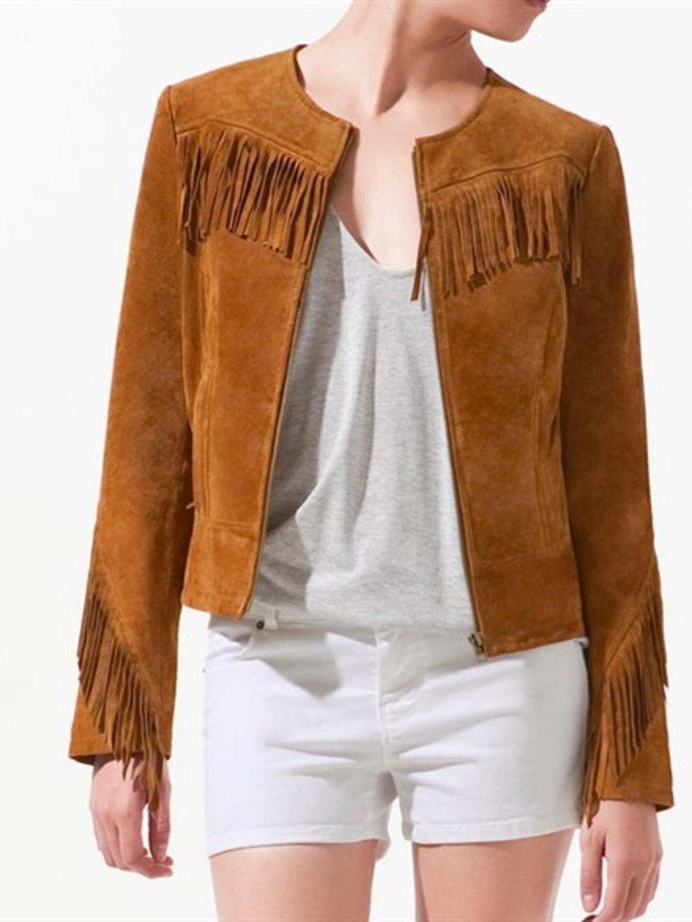 ZARA Fringe Suede Jacket in Cognac - Women